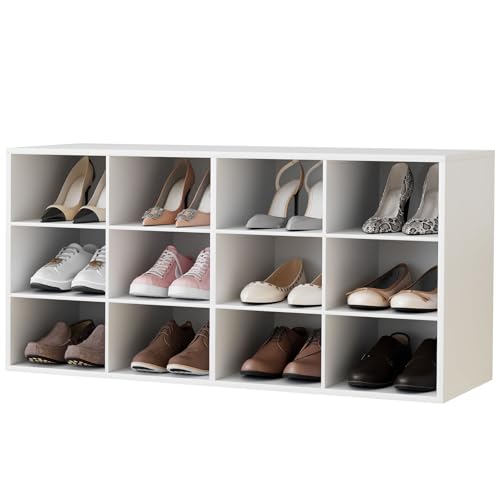 White 12-Cube 3-Tier Shoe Storage Bench Organizer for Entryway