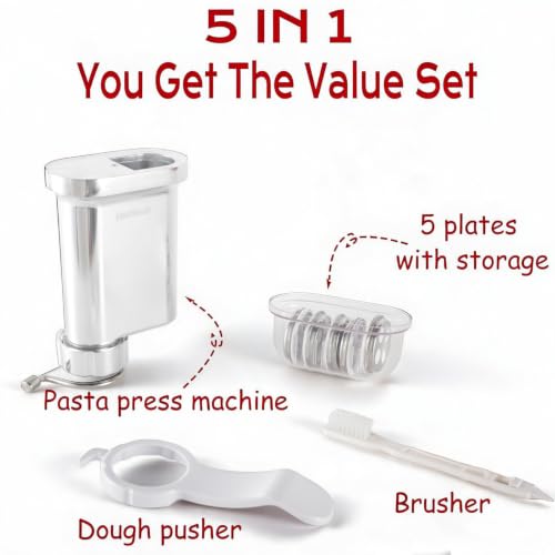 Metal Pasta Press Attachment for KitchenAid Stand Mixer – 5 Interchangeable Pasta Plates – Durable Gourmet Noodle Maker with Spaghetti, Bucatini, Fusilli, Macaroni – Variation: Pasta Press Attachment