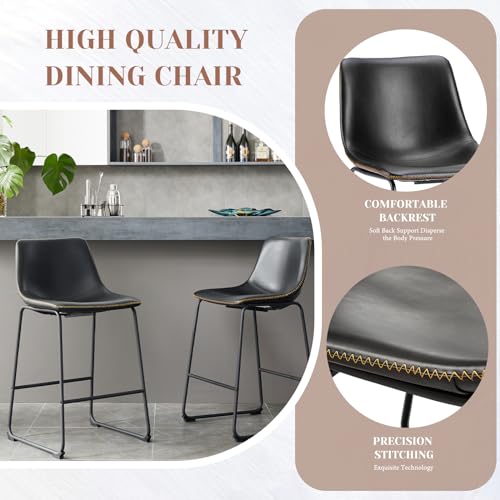 Sweetcrispy Set of 2 Black Faux Leather Bar Stools with Metal Legs - Counter Height