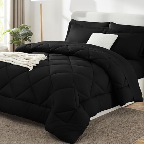 CozyLux King Size Black Comforter Set 102x90 Inches 7 Piece Bed in a Bag