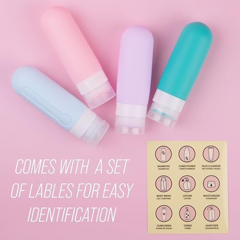 EXPRESSIONS 4pc Refillable Travel Bottles Set ? Leakproof Squeeze Bottles with Snap Caps, Toiletry Containers with Labels & Clear Zip Pouch for Travel, Gym, and Beauty On the Go