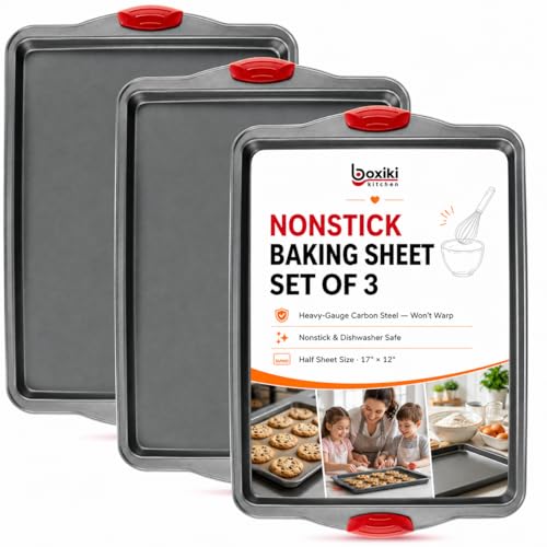 Red & Grey Nonstick Baking Sheet Pan Set - Heavy-Gauge Carbon Steel, 3 Pieces