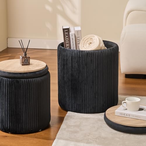 Black Velvet Round Ottoman Set of 2 with Storage & Removable Tray