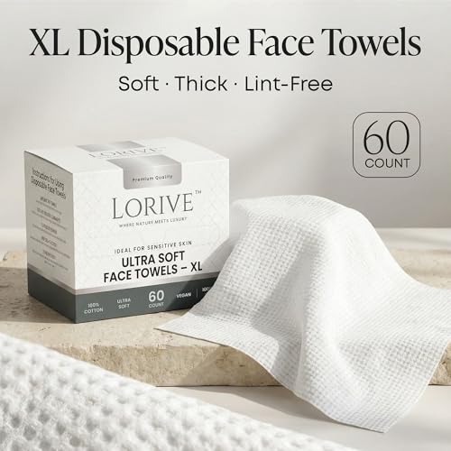 Disposable Face Towels XL 10 x 12, 60 Count ? 100% Cotton Clean Skin Towels, Ultra Soft Lint Free Face Towelettes for Skincare & Makeup Removal, Thick Facial Dry Wipes for Sensitive Skin