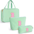 Personalized Toiletry Bag Set for Teen Girls - Green Initial Makeup & Travel Cosmetic Bag B