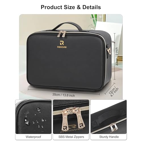 Relavel Makeup Train Case With LED Mirror, Professional Travel Cosmetic Bag with Removable Partitions, Compact Makeup Organizer with Shoulder Strap, Waterproof Travel Case for Women, Black