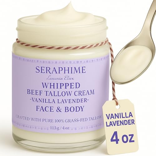 Whipped Beef Tallow for Skin Care, Organic Pure Grass Fed Beef Tallow Moisturizer Cream for Face & Body Lotion, Cow Tallow with Niacinamide, Shea Butter & Aloe, Vanilla Lavender 4oz