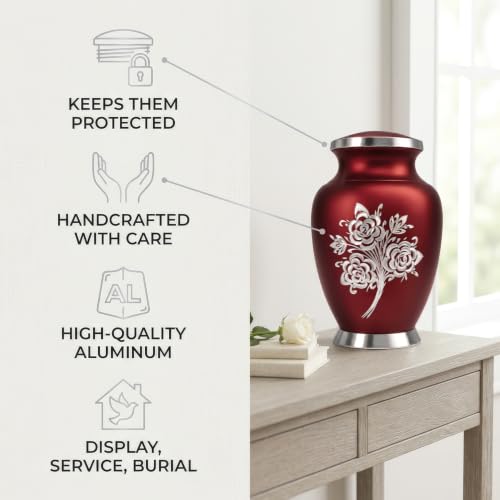 Large Red Cremation Urn for Women - 200 cu in Handcrafted Rose Design - Solace Forever