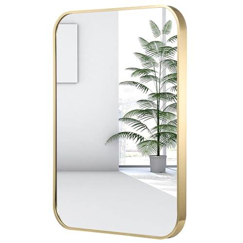 22x30 Inch Gold Bathroom Mirror - Brushed Brass Metal Frame, Rectangular with Rounded Corners, Vertical/Horizontal, Variation of THIS listing
