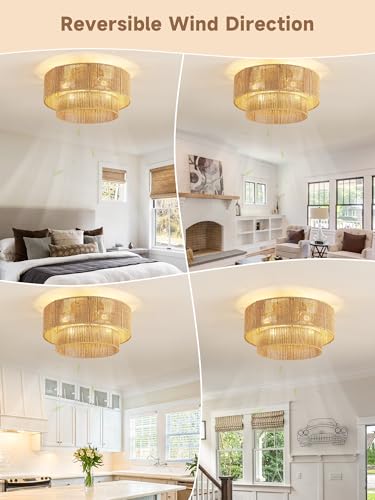 Gold Boho Caged Ceiling Fan with Light Flush Mount - Handwoven Rattan Fandelier