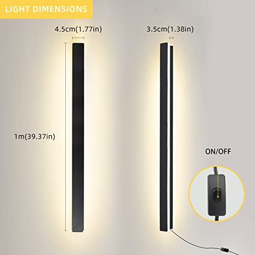 Black 39.3-Inch LED Wall Sconce - Modern Long Wall Light with Plug-In Cable