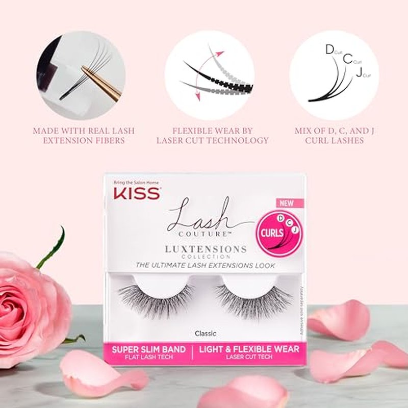KISS Lash Couture LuXtensions Collection False Eyelashes, Flat Lash Technology, Super Slim Lash Band, Real Lash Extension Fibers, Reusable, Style ¡®Cashmere¡¯, 14mm, 1 Pair Strip Lashes (Pack of 2)