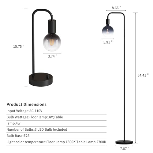 Industrial Lamp Set 3 Piece - Floor & Dimmable Table Lamps with Gradient Black Globe Bulb - Modern Home Decor - Variation of Lamp Set
