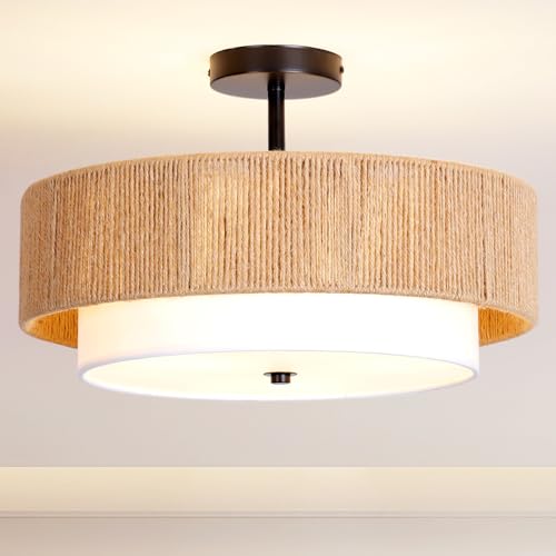 18-Inch Boho Rattan Semi-Flush Mount Ceiling Light for Bedroom