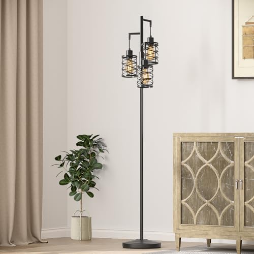 Oneach 70-Inch Black Industrial Floor Lamp with 3 Dimmable Bulbs, Farmhouse Corner Standing Tree Lamp for Living Room & Bedroom
