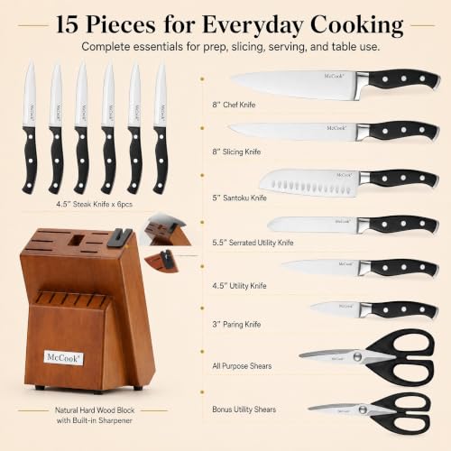 McCook 15-Piece Kitchen Knife Set with Built-In Sharpener - Black/Walnut