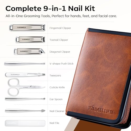 FAMILIFE 9-in-1 Nail Care Kit - Carbon Steel Cuticle Scissors & Clippers, Travel Grooming Set - Brown