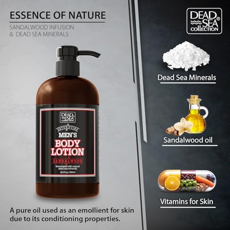 Dead Sea Collection Mens Sandalwood Hand & Body Lotion for All Skin Types - Moisturizing Body Lotion for Men with Pure Dead Sea Minerals - 16.9 Fl Oz