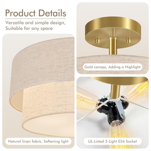 Semi Flush Ceiling Light 16.5'' with Linen Shade - Gold & Beige Variation