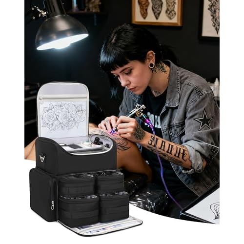 Relavel Tattoo Backpack with 4 Removable Pouches, Tattoo Travel Case with 3 Detachable Dividers, Waterproof Tattoo Carrying Case for Stencil Printer, Equipment and Supplies - Black