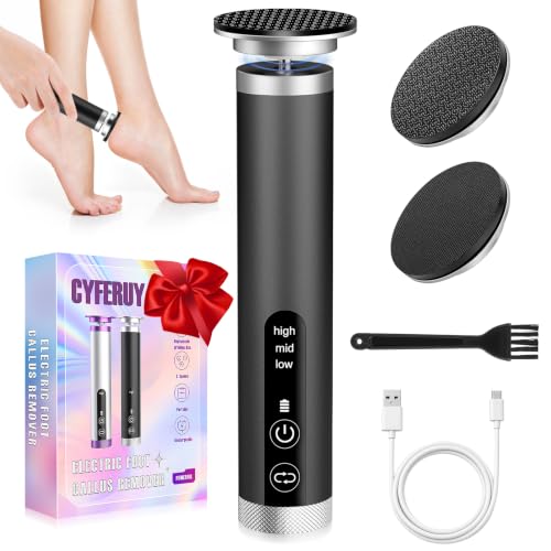 CYFERUY Electric Foot Callus Remover with 2 Nano-Glass Heads, 3 Speed, 2000mAh USB-C Rechargeable, Premium Aluminum Cordless Foot File (Black Silver)