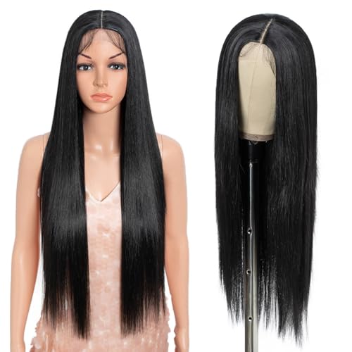 Long Straight Synthetic Wig for Women - 32 Inch Mid-Part Lace Front Black - Variation 1B