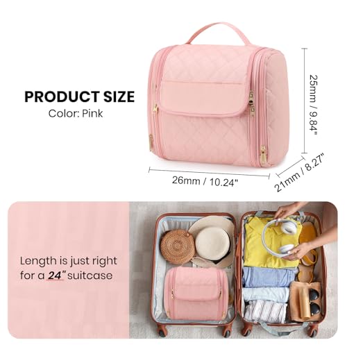 Women Makeup Bag with Hanging Hook, Large Portable Capacity Travel Hanging Toiletry Bag Organizer Case for Toiletries and Cosmetics, Pink