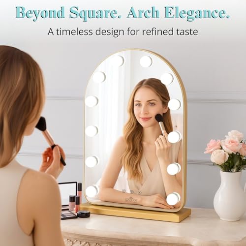 LUXFURNI Arched Hollywood Vanity Mirror with Lights - Gold, 20.5L x 13W