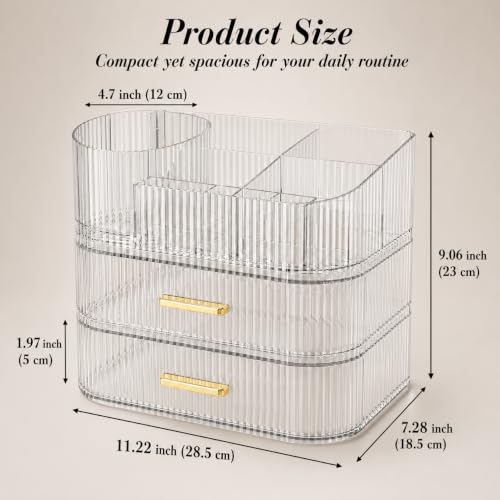 Large Clear Stackable Makeup Organizer with 2 Drawers & 360° Rotating Brush Holder