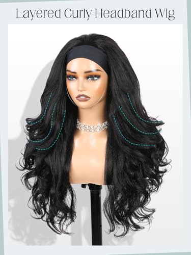 WIGNEE Black Long Yaki Curly Headband Wig for Black Women, Glueless, 26 Inch