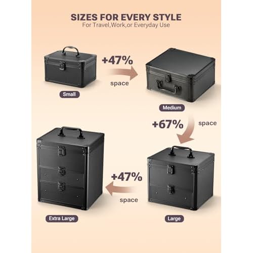 Qislee Makeup Box with A Detachable Lighted Mirror, Waterproof Travel Train Case, Cosmetic Organizer and Makeup Suitcase with Adjustable Dividers, Magnetic LED Mirror (Black)