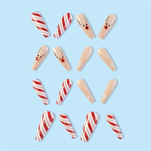 Christmas Press on Nails Long Coffin Fake Nails Red White Swirl with Snowflake Elk Design Glue on Nails Rhinestones Glitter Full Cover Artificial Acrylic Stick on False Nails for Women Manicure 24Pcs