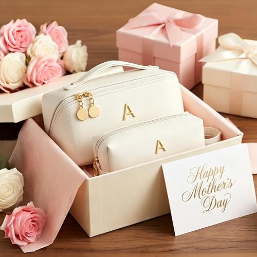 KKXIU Initial Makeup Bag for Women - Personalized Beige Gift