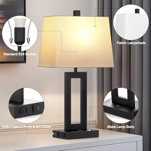 Black Bedside Table Lamp Set of 2 with USB & Type-C Ports - Modern Nightstand Lamps with Fabric Shades - White & Black Variation