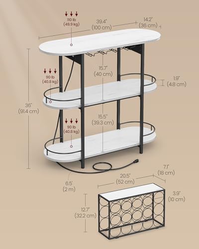 Rustic White LED Coffee Bar Cabinet with Power Outlets and Removable Wine Rack - 14.2 x 39.4 x 36 inches