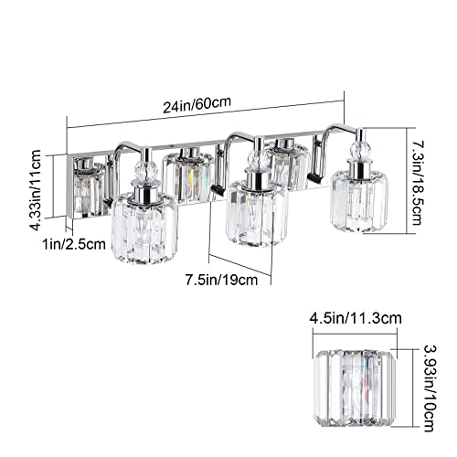 Chrome 24 Inch Crystal Vanity Light Fixture - Modern 3-Light Bathroom Wall Lamp