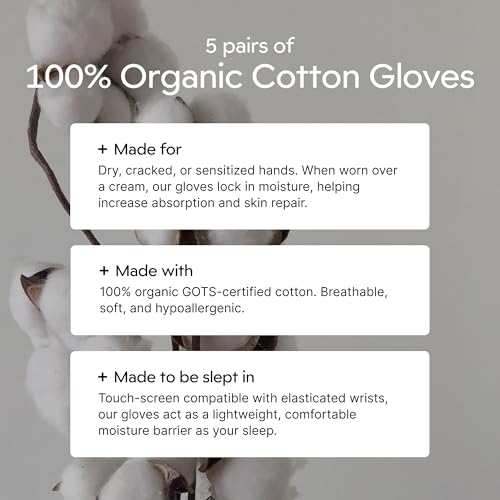 Clearbody Organics Medium White Cotton Sleeping Gloves for Dry Hands, 5-Pack