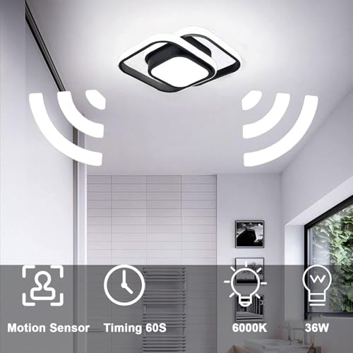 Motion Sensor LED Ceiling Light 36W Black Modern Flush Mount Indoor Fixture