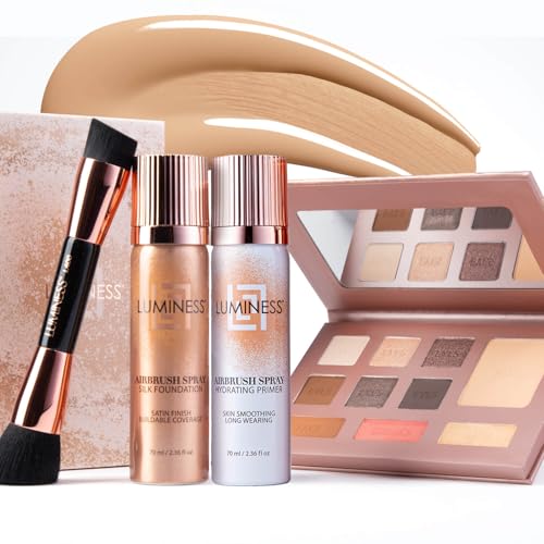 LUMINESS Complete Makeup Kit - Includes Face Palette, Airbrush Foundation, Primer and Brush - Silky, Long-Wearing, Easy to Blend, Perfect Makeup for Older Women, 4-PC Make Up Set (03 - Light Medium)