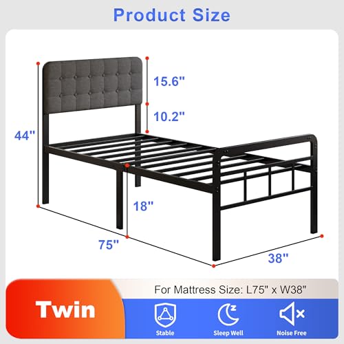 Grey Upholstered Twin Bed Frame with Headboard & Footboard - 18 Inch Support