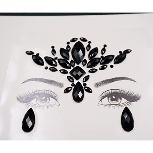 Topz Black Flower Face Jewels for Halloween Costume Makeup - Cat Women Mermaid Day of the Dead Gems Stick-on Tattoos Fairy Accessories (Black-S095)