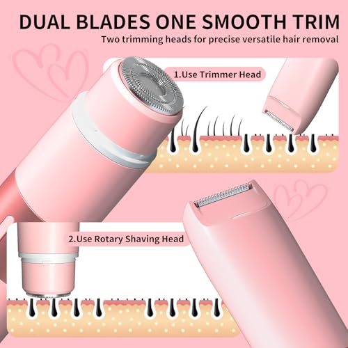 Bikini Trimmer for Women - Electric Razors for Women 2 in 1 Painless IPX7 Waterproof Rechargeable LED Dual Head Electric Shaver for Lady Bikini Underarm, Body, Leg, Face Hair Remove