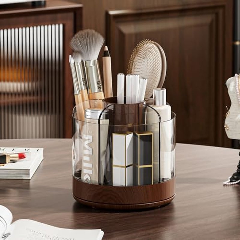 Makeup Brush Holder 360¡Æ Rotating 6 Slot Multi-Compartment Storage, Acrylic Spinning Organizer for Cosmetics Nail Polish Combs, Bathroom Vanity Desktop Organizer (Dark Woodgrain)