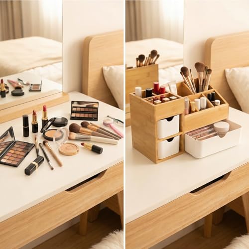Bamboo Makeup Organizer with 3 Drawers, Dresser Cosmetic Organizer Box,Bamboo Desk Organizer for Home with Adjustable Dividers£¨11.5x5.4in£©