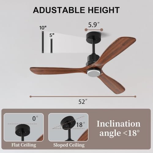 Obabala 52-Inch Walnut Ceiling Fan with Lights and Remote - Reversible 3-Blade Indoor/Outdoor