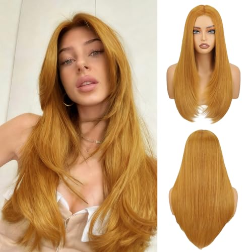 Honey Blonde 26-inch Synthetic Lace Front Wig for Women, Glueless & Pre-Plucked