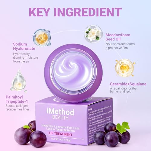 iMethod Lip Mask Overnight - Lip Sleeping Mask for Dry Lips, 8-Hour Hydrating Lip Balm with Hyaluronic Acid, Intense Moisturizing Lip Treatment to Nourish & Repair - Grape