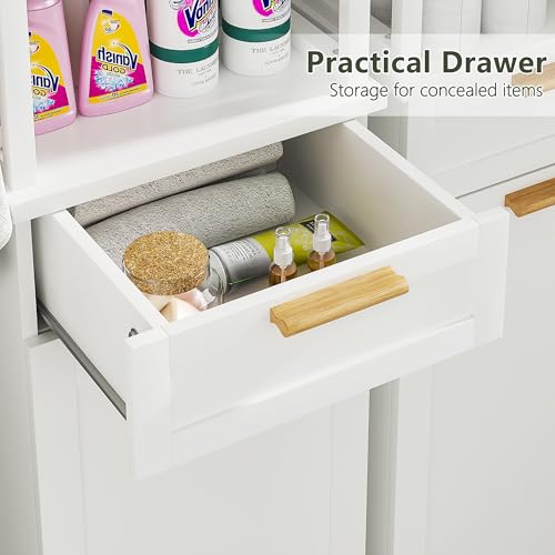 Tilt Out Laundry Hamper Cabinet with Shelves and Drawer - White, 53 Inch