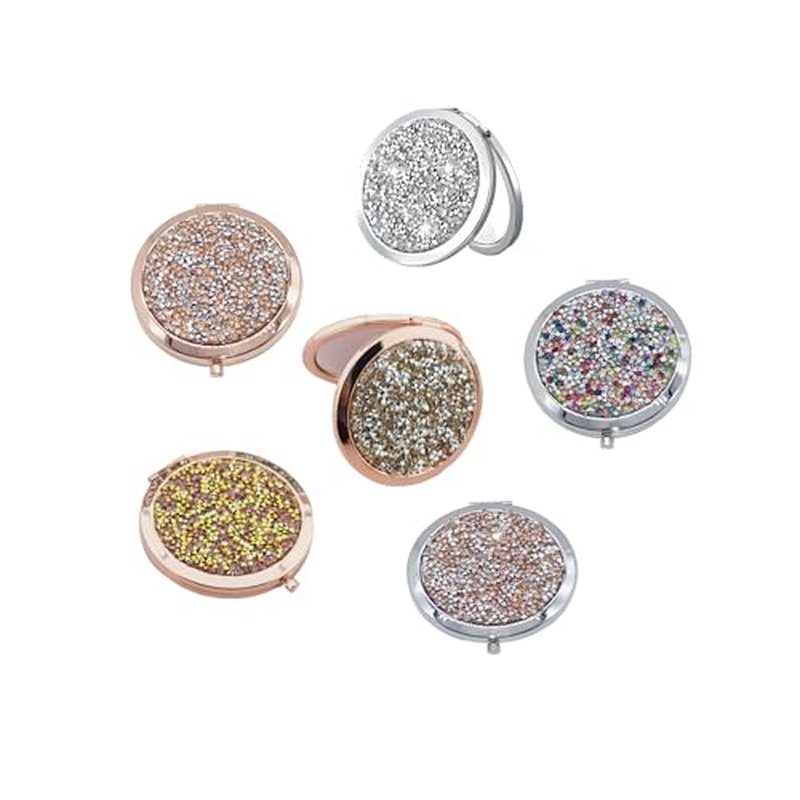 6 PCS Rhinestone Double-Sided Mirror Portable Small Mirror Folding Pocket Makeup Round Hand Makeup Magnifying Glass Women's/Girls Travel Gift (Mixed Colors)
