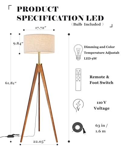 Ash Wood Brown Floor Lamp with Remote Control - Dimmable Tripod Standing Lamp for Living Room & Bedroom